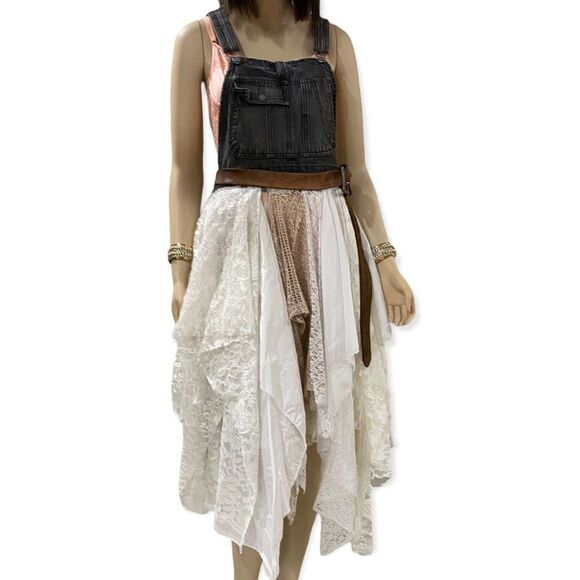 Black Denim Overalls Multilayer Lace Midi Flowing Dress NEW - Picture 4 of 4